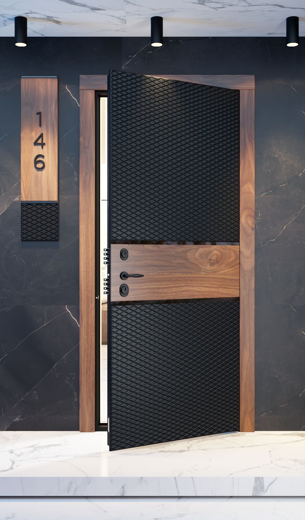 Diamond-textured metal pivot entrance door